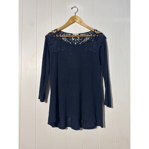 Charming Charlie Navy Lace Yoke Top Medium Flowy 3/4 Sleeve Blouse Boho
